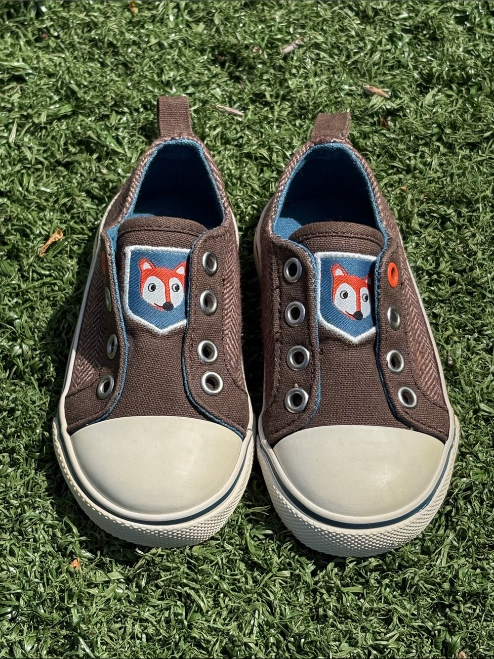 Gymboree Fox Trail Brown Herringbone Canvas Laceless Sneakers  Size 5 Toddllers